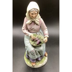 VTG HOMCO Elderly Woman With Grapes- 8"‎ Tall-Porcelain Bisque Collectible Decor